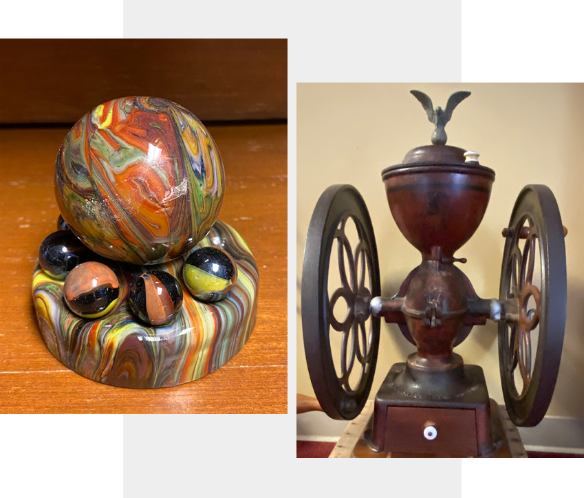 A marble ball and an old coffee grinder