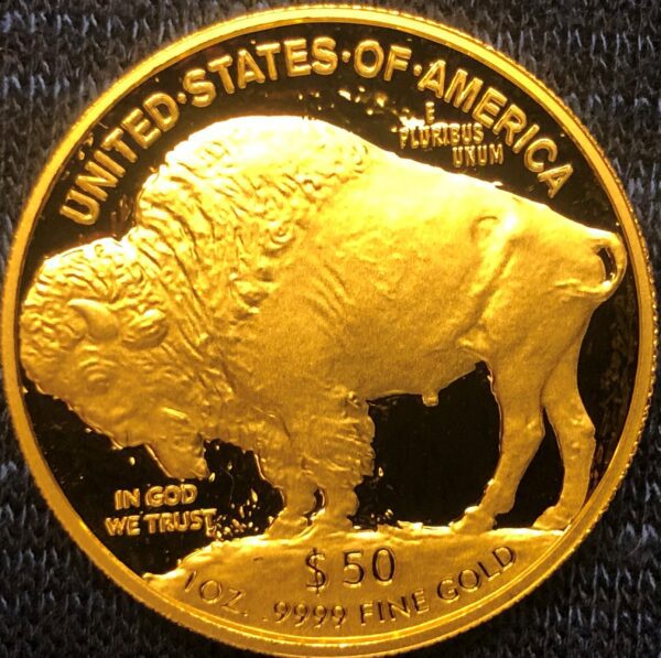A gold coin with an image of a buffalo on it.