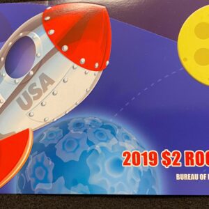 A 2 0 1 9 $ 2 rocket ship coin is shown in this image.