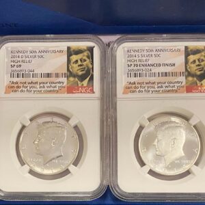 Two silver kennedy half dollars in cases with a picture of john f. Kennedy on the back