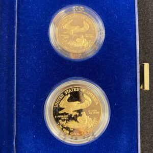 A pair of coins in a blue box