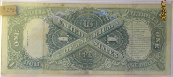 A close up of the back side of an old us currency note
