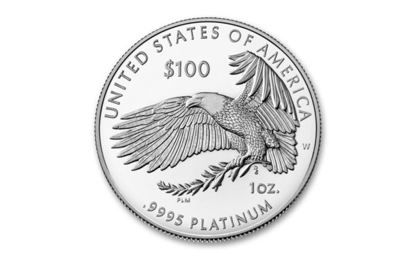 A silver eagle coin with the words " united states of america $ 1 0 0 ".