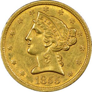 A gold coin with the face of an old lady.