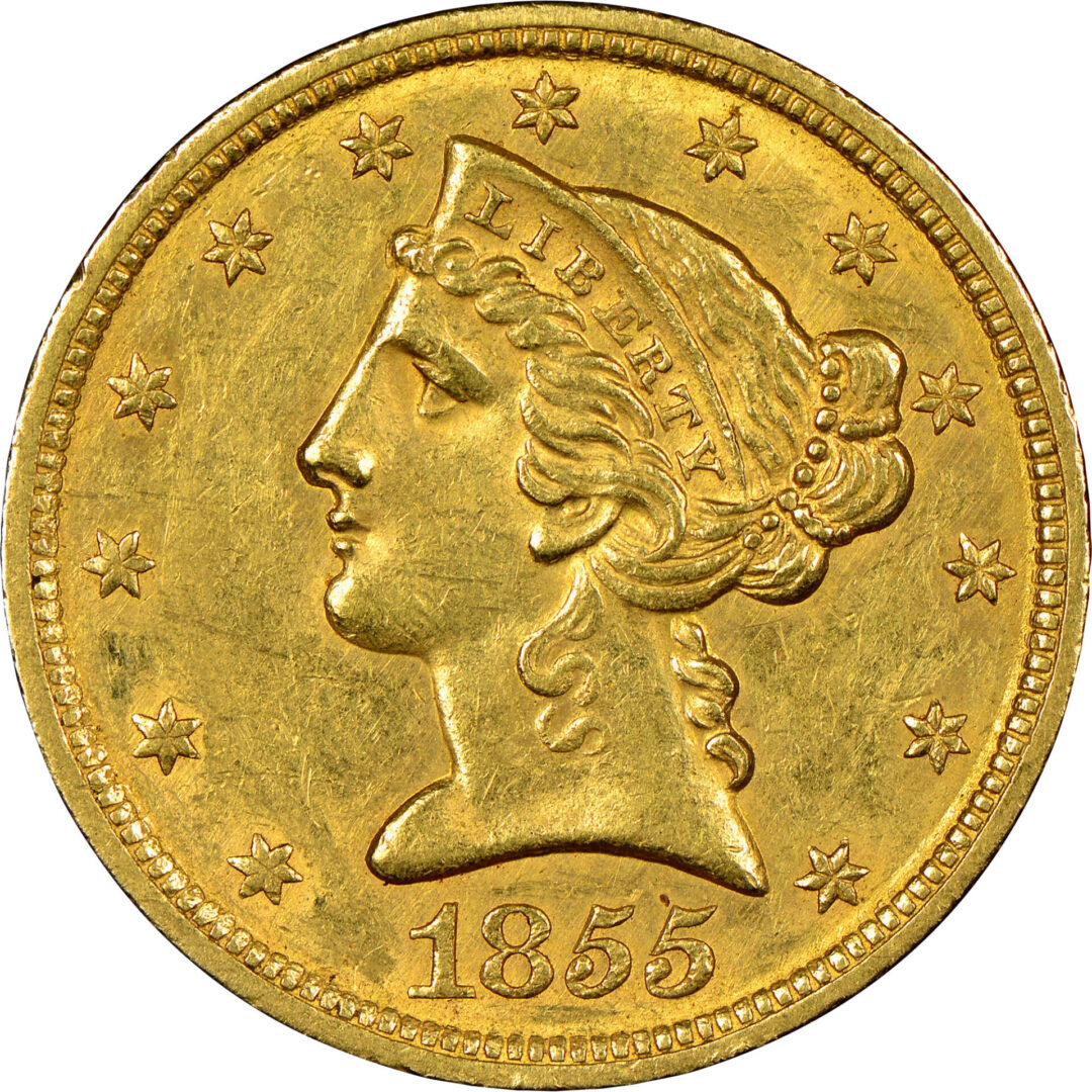 A gold coin with the face of an old lady.