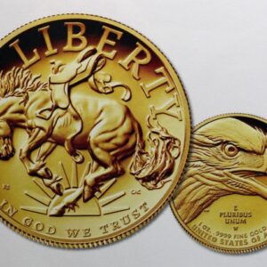 A gold coin with a horse and rider on it.
