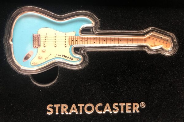 Stratocaster blue electric guitar pin.