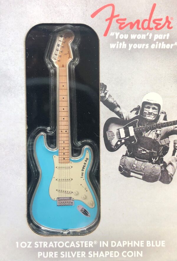 A blue fender guitar in a box.