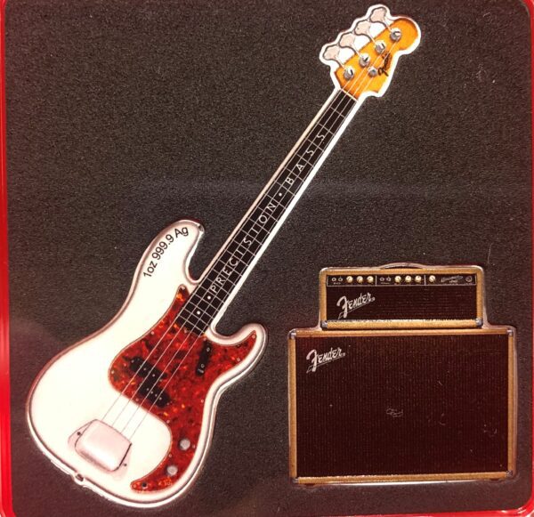A fender bass guitar and amp in a red box, paired together like the DYNAMIC DUO - 2X Fine Silver Shaped Coin Set.
