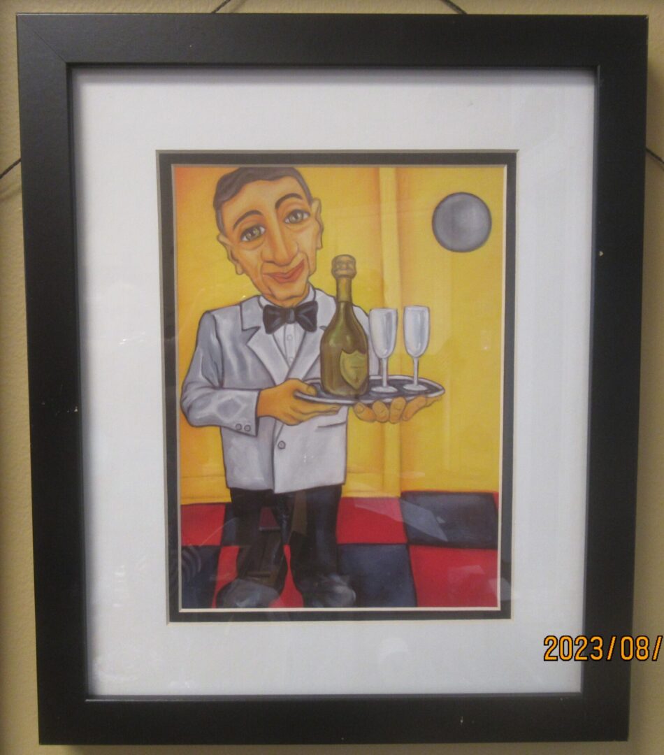 A painting of a man holding a tray with wine on it.