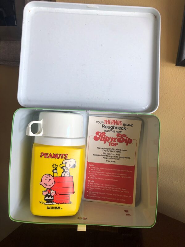 A peanuts lunch box with a container and a book.