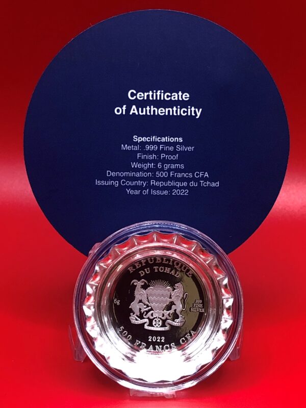 A PEPSI COLA BOTTLE CAP - 0.999 FINE SILVER, COLORIZED & Encapsulated coin with a certificate of authenticity.